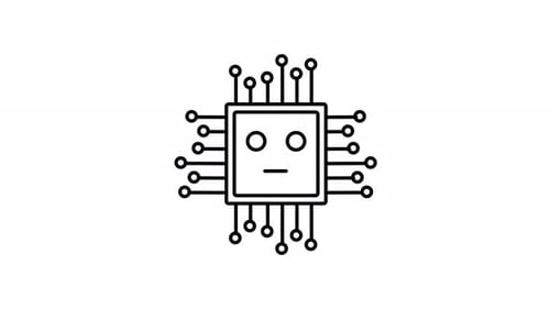 Animación de microchip con cara de robot que simboliza la tecnología de inteligencia artificial integrada