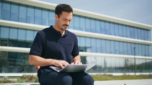 Involved Copywriter Typing Laptop on Sunny Alley Man Texting Computer Keyboard