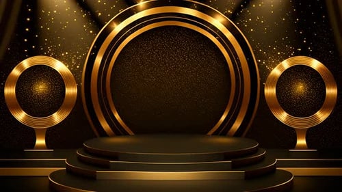 Golden Awards Stage Background with Spotlight and Particles