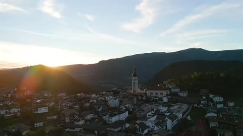 Aerial video of a small town in the Dolomites, Italy