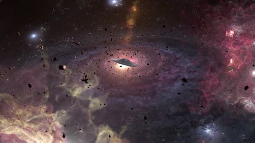 UFO in Galaxy with asteroids