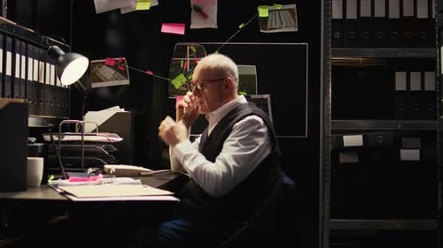 Man Working in Office at Night Answering Phone