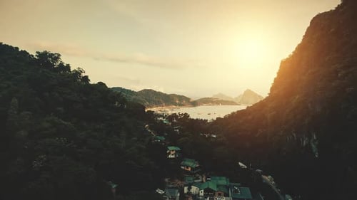 Closeup Aerial Cityscape at Tropical Forest Mountain Ranges Beautiful Homes Lodges Trafic Road