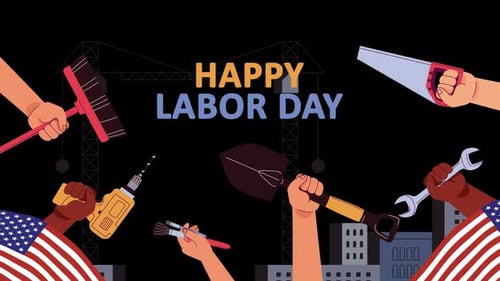 Happy Labor Day Title Animation with Industrial Tools and Flags