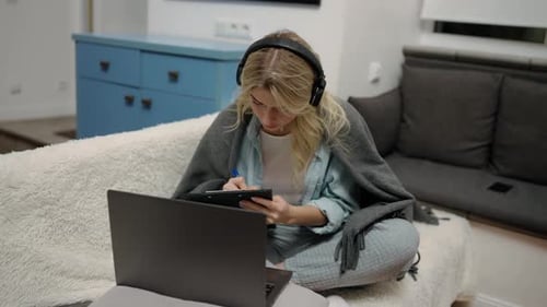 Remote Work or Social Distance Learning From Home Woman Taking Notes