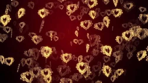 Elegant Golden Ornate Hearts Falling Loop Background