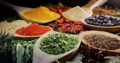 Close -up of a nice composition of spices and spoons on a turning base on bench. Concept: Food, tr