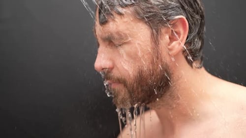 Man Washing Hair Close Up Portrait Man Bathing Shower Washing Hair Head in Bathroom Male Model