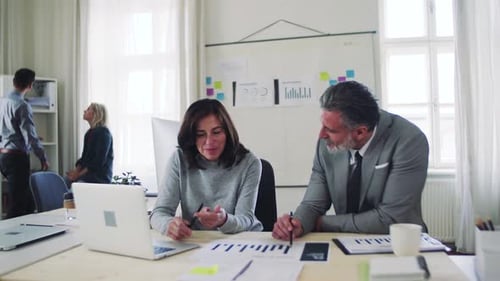 Diverse business team collaborates on laptop project in modern office space