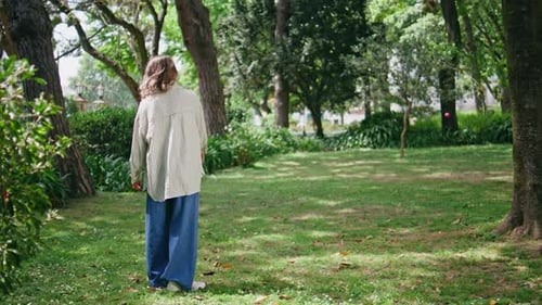 Active Dog Catching Ball From Woman Owner Standing Grassy Area Sunny Day