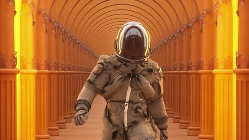 Astronaut Walking Through Endless Golden Futuristic Corridor