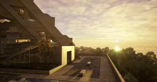 El diseño arquitectónico moderno muestra la vista del atardecer sobre un paisaje tranquilo