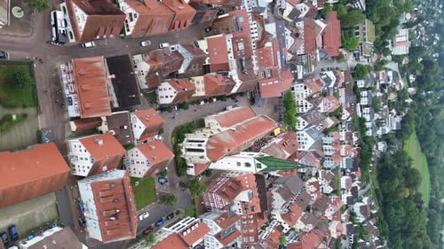 Beautiful view from above, from drone to orange, tiled roofs of houses. Top view of the German town