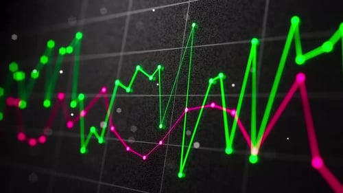 Looped 3D animation of glowing green and pink financial charts.