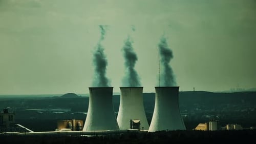 Aerial View Coal Power Plant. Smokestacks on a coal electric power plant.