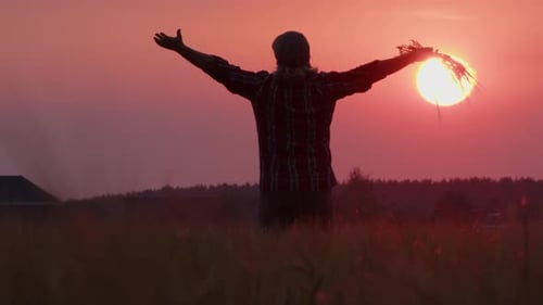 Female farmer rejoices in good harvest in wheat field