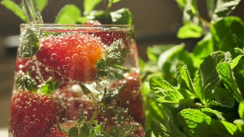 Refreshing Strawberry and Mint Drink Close Up