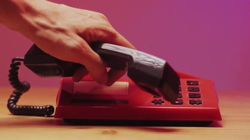 Red Retro Vintage Phone Telephone Ringing Off on Table Close Up Macro 90s Mobile Retro Smartphone