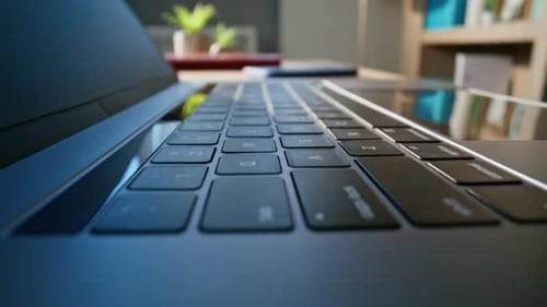 Closeup Laptop Keyboard Modern Workspace Side View Office Computer Smartphone