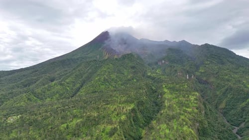 Drone view of Mount Merapi, the most active volcano in Indonesia.