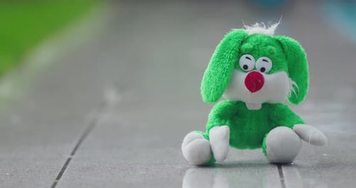 A Plush Hare Sits in the Pouring Rain on a Garden Path