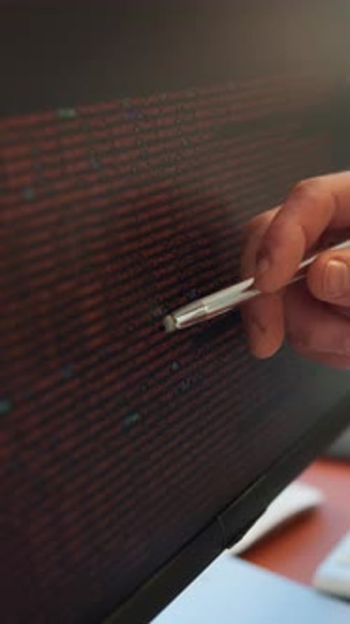 Review, code and hands with computer, screen or programming with data for app development