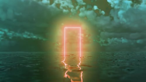 Glowing neon door emerging from dark ocean under cloudy sky
