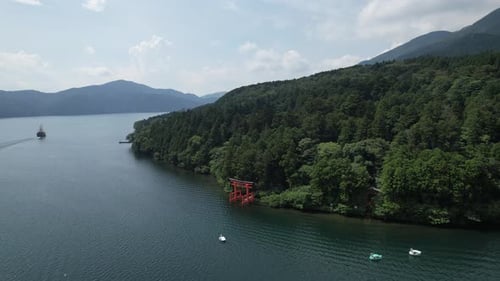 Aerial View of Hakone Lake Shrine in Japan