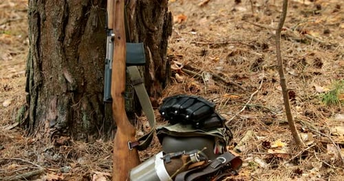 German Ammunition and Soviet Trophy Svt Rifle of World War II Leaning Against Trunk of Pine German