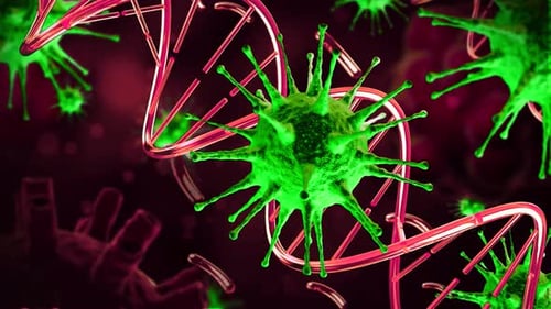 Microscopic view of virus cells flowing. Coronavirus flue, dna virus pandemic disease