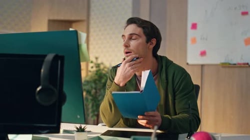 Confident Man Talking Virtual Call Office Closeup Smart Owner Holding Notebook