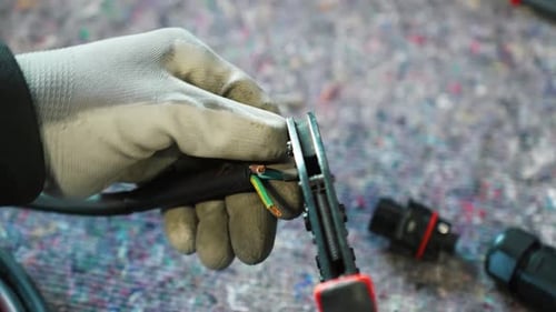 Close-up slow-motion shot of an electrical engineer stripping the outer aspect of the wire