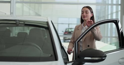 Happy Woman Standing at Dealership Near New Car Handsome Young Female Choosing Transport to Buy