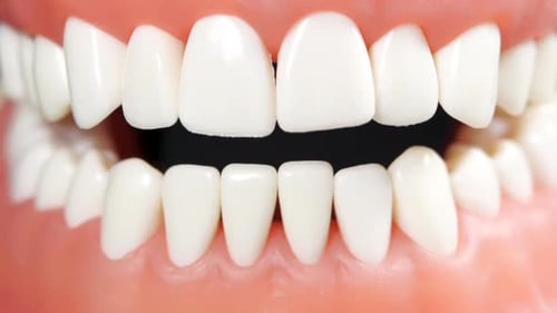 Jaws Opening Outside View in Slow Motion. White Teeth with Tooth Gum on Black background. Dentistry