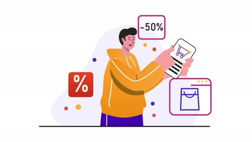 Flat Design Animated Illustration of Mobile Shopping Discounts