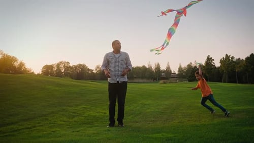 Father and Son Fly a Kite in Park