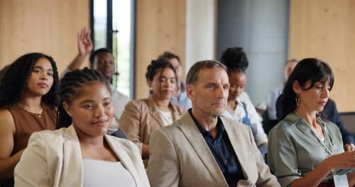 Conference, audience and question with business people at event for broker workshop