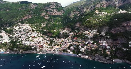 Stunning Drone Shot Above Positano, Amalfi Coast of Italy. Amazing Cliffs