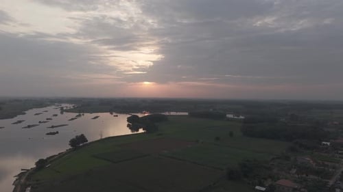 Aerial View Of Lake At Sunset