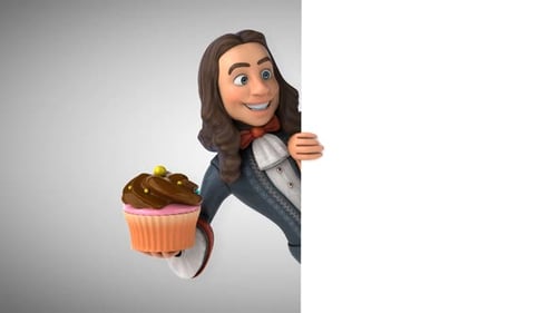 3D Cartoon Man Holding Cupcake Reveals Blank Content