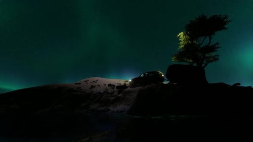 Stunning Northern Lights Aurora Borealis Over Lake and Forest Landscape