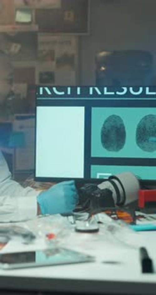Man Examines Fingerprints on Computer in Forensics Lab