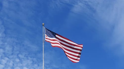 American Flag waving with blue sky background