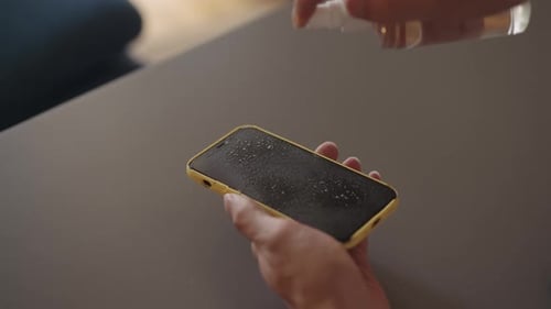 Cleaning Cell Phone Screen with Sanitizer and Cloth