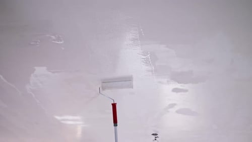 Paint Roller Applying White Paint to Surface