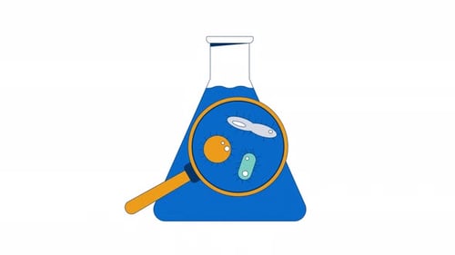 Magnified microorganisms in flask with water 2D object animation