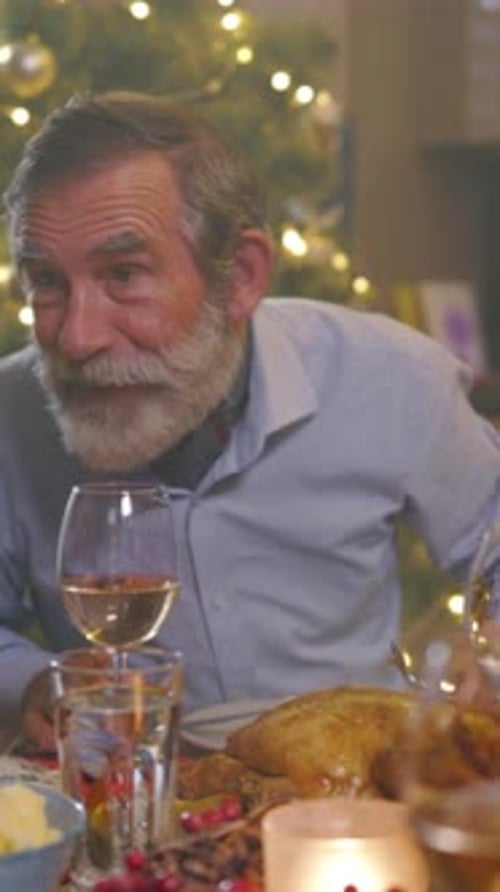 Senior Man Talking at Christmas Dinner Table