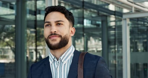 Smile, watch and business man in the city, walking to work on schedule for appointment as