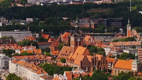 Telephoto View Of Gdańsk Old Town With Historic Churches And Red Roof Skyline