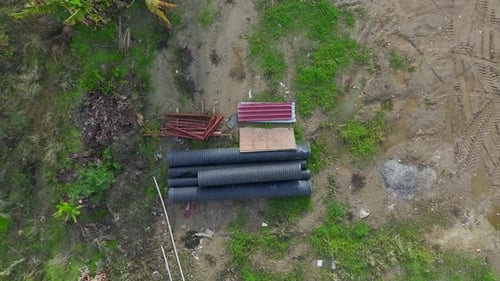 Aerial Video Workers Installing Walls and Preparing a Floor for Concrete Pouring Captured